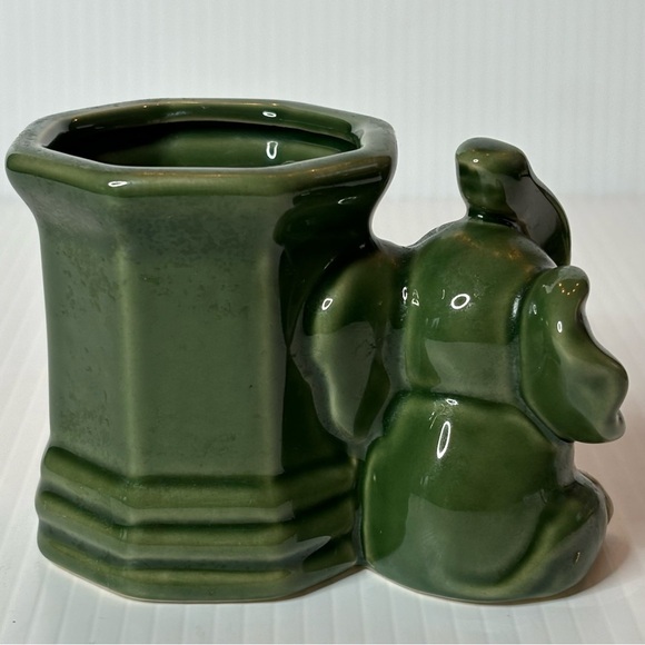 Vintage Elephant Planter Glaze Ceramic Jade Green Trunk Up-FLORAL Lucky Bamboo - Picture 3 of 9